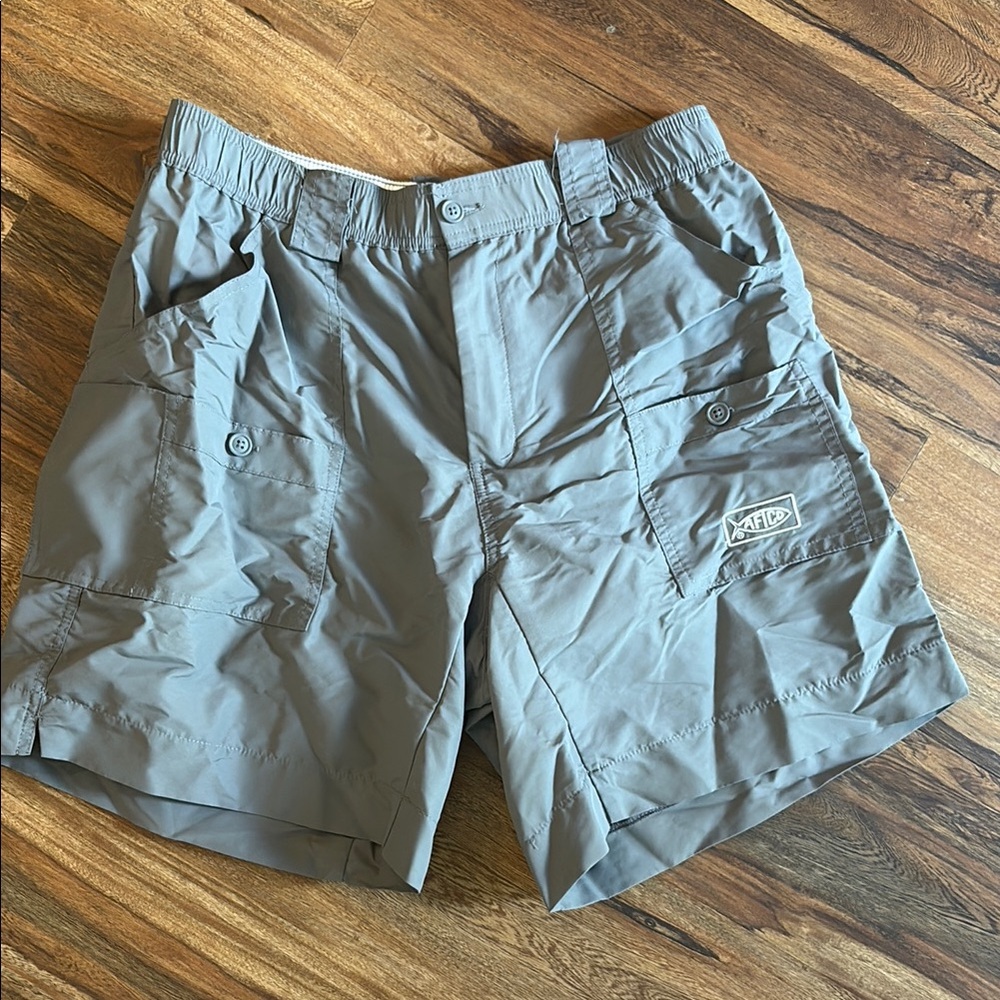 AFTCO Mens Original Fishing Shorts Gray Nylon Elastic Waist Multi Pocket
